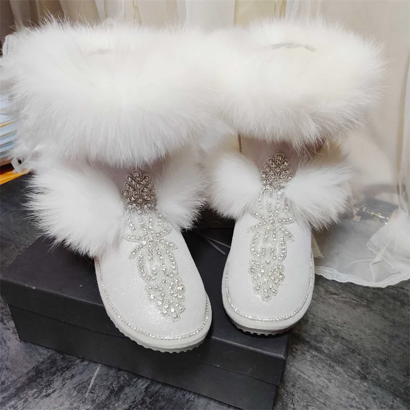 

Plus velvet thickened handmade custom women's shoes diamond-studded white thickened fox fur mid-tube snow boots to keepwarm35-44