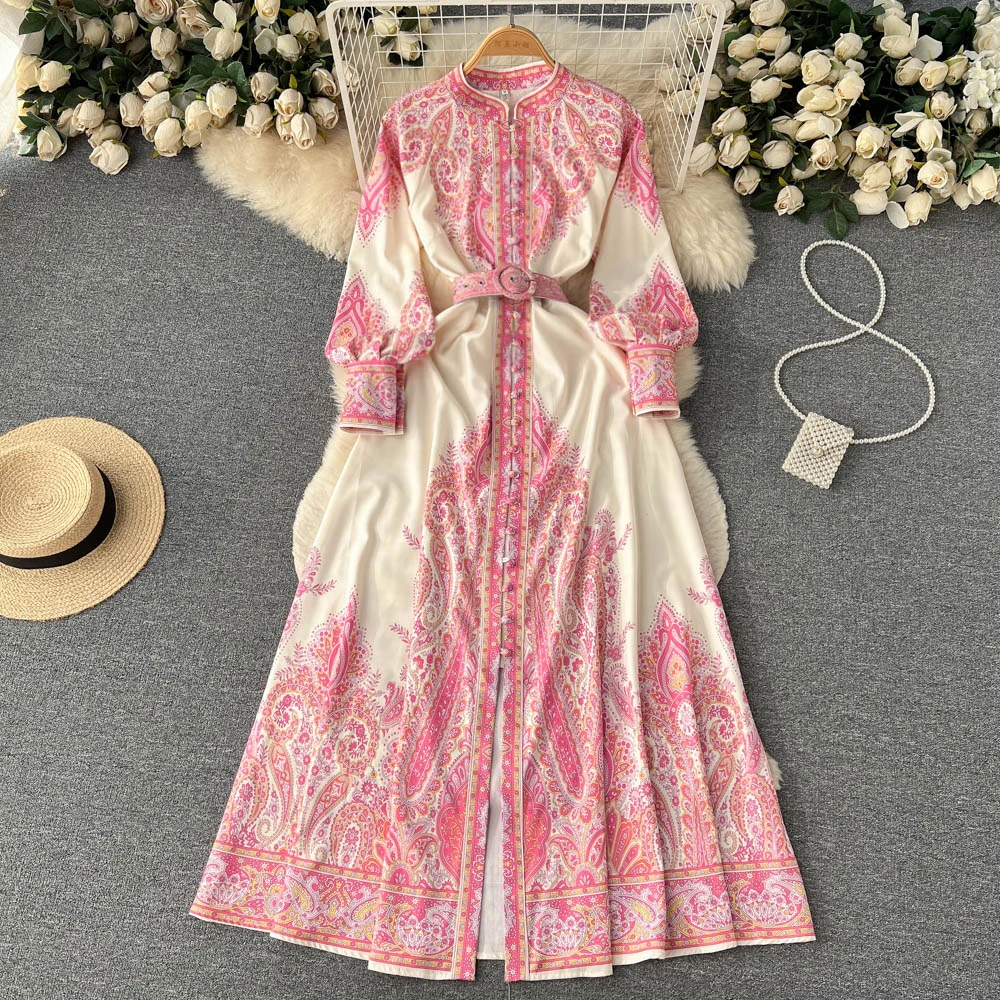 

Young Gee Spring Runway Design Stand Collar Single Breasted Long-sleeved Printed Dress Women Court Maxi Long Dresses vestido