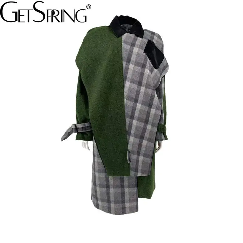 

GetSpring Женское пальто лоскутное клетчатое асимметричное дамское Пальто однобортное свободное повседневное длинное женское пальто на шнуро...
