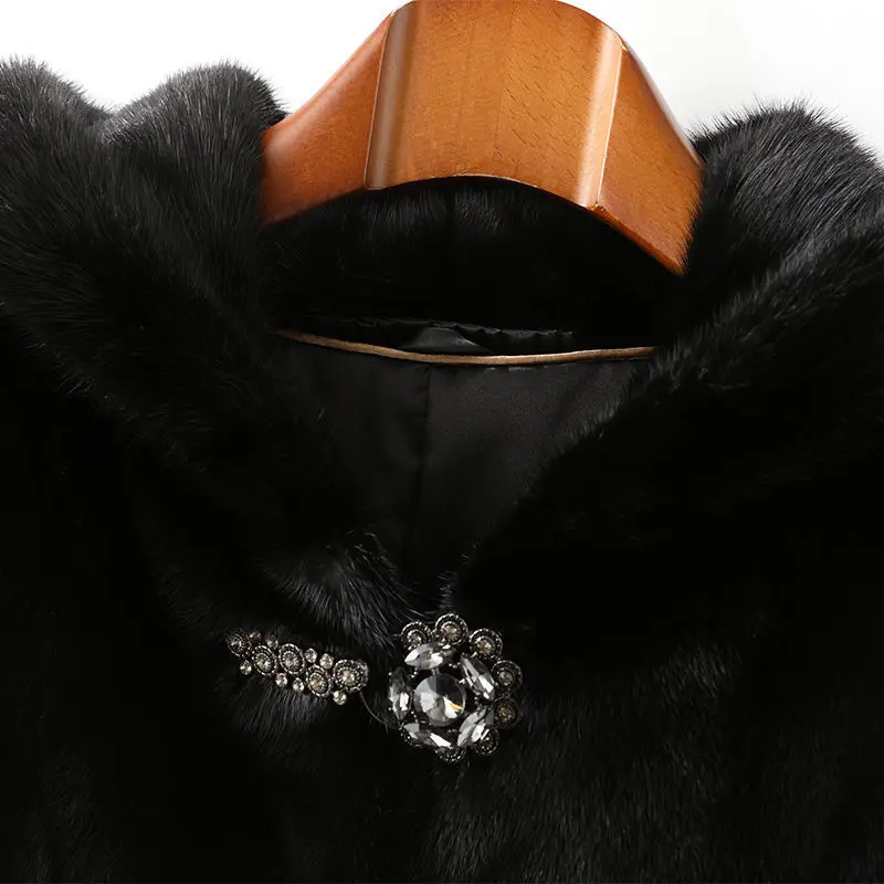 2022 Mink Fur Coat Korean Version Winter Hooded Whole Mink Coat High-End Black Real Fur Warm Outwear