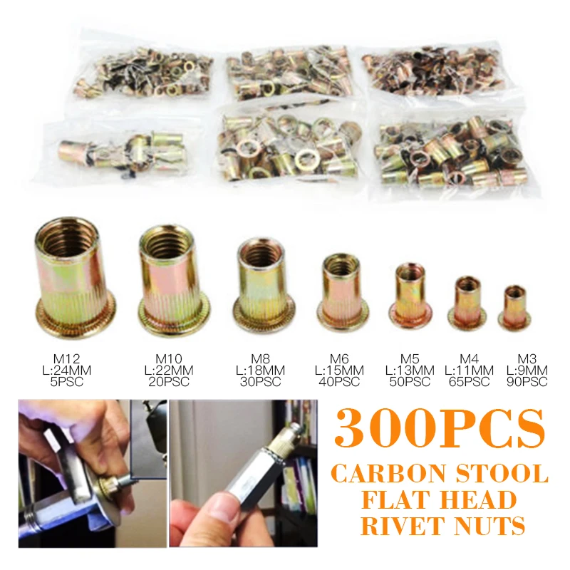 

New 300pcs M3/M4/M5/M6/M8 M10/M12 Carbon Steel Flat Head Rivet Nuts Riveting Tools