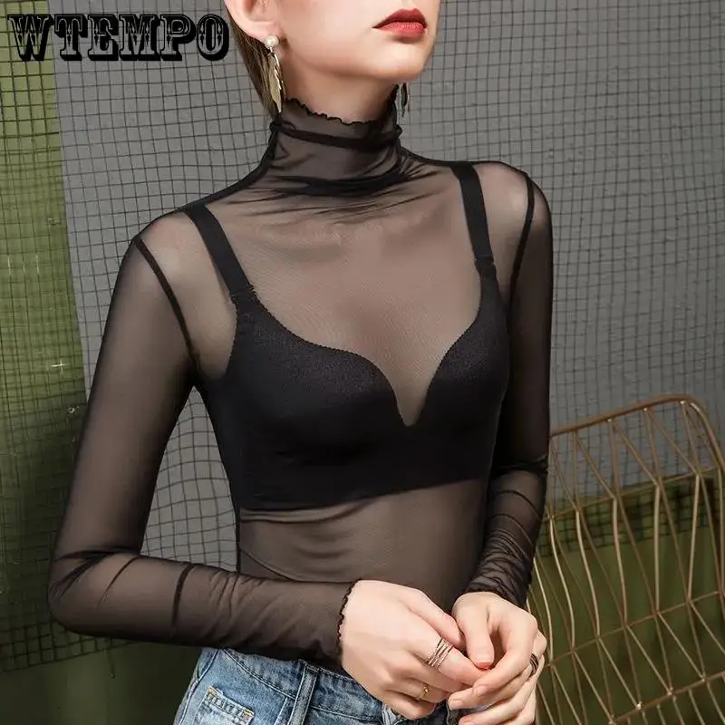 Women's Top Sexy Perspective Wear Thin High Neck Long Sleeve Mesh Bottoming Shirt Pile Collar Lace Shirt  Y2k Top  Fashion Tops