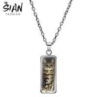 rectangular cute pet cat pendant necklace classic animal art piecture necklace for women men glass dome metal jewelry wholesale