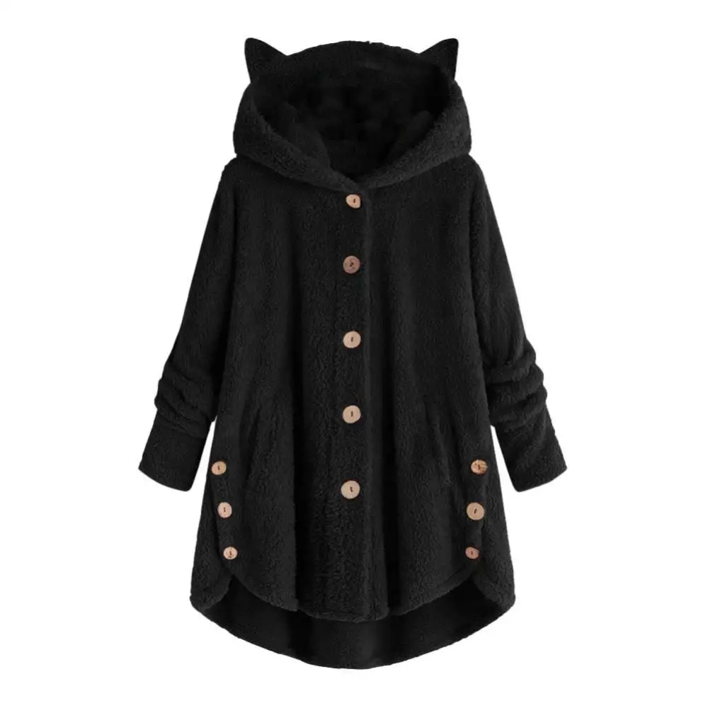 

Cute Women Winter Cute Cats Ears Hooded Irregular Hem Buttons Jacket Fleece Coat