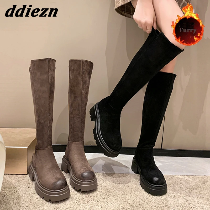 

2023 New Elegant Woman Knee High Fur Boots Winter Fashion Stretch Thigh High Sock Boots For Ladies Female Heeled Shoes Booties