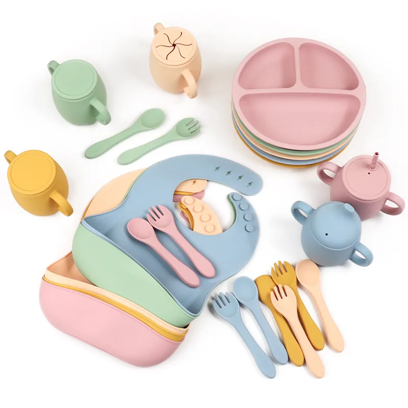 Baby Silicone Tableware Set Baby Feeding Dishes Free Bowl Plate Spoon Fork Sippy Cup Bib Baby Stuff  Baby Plate Suit