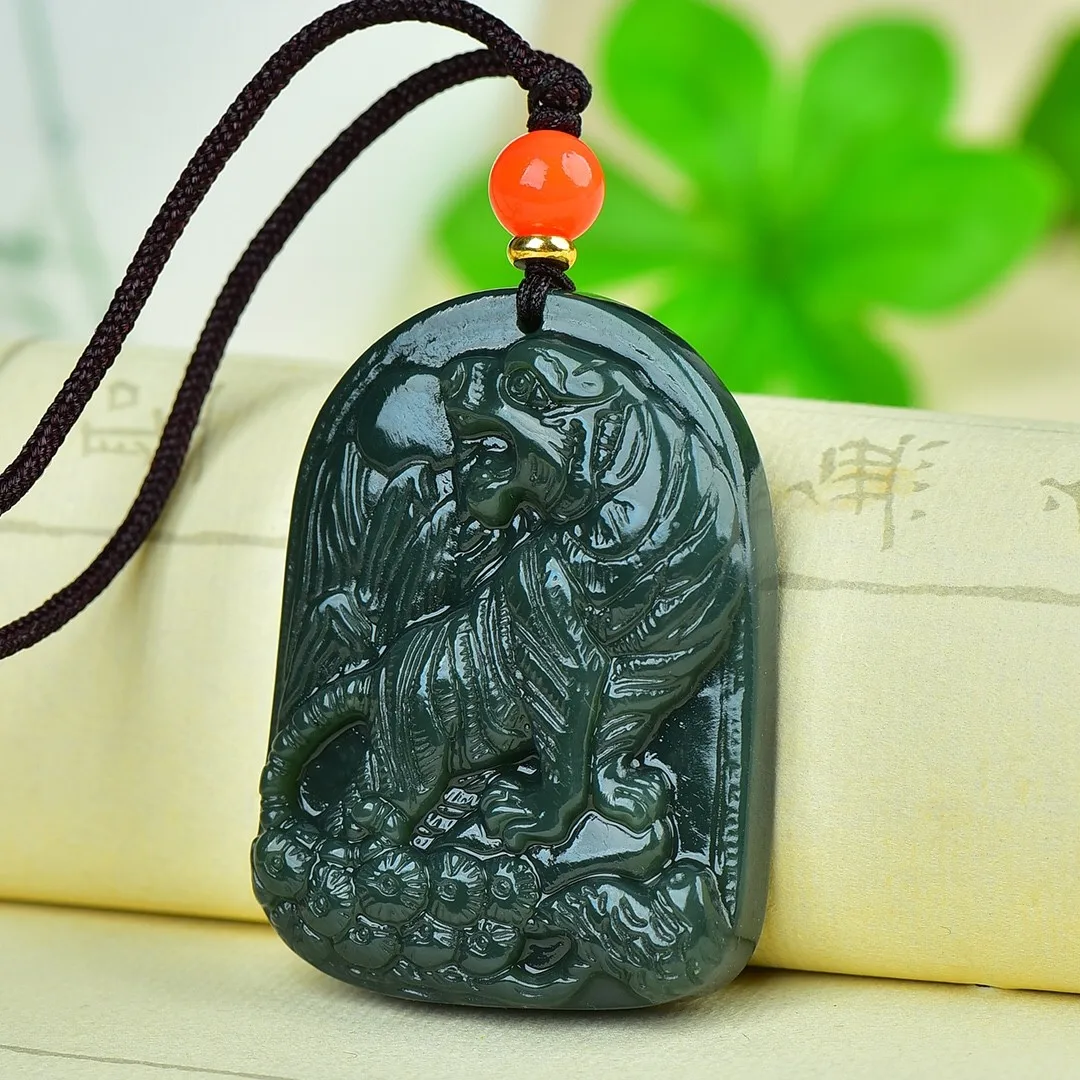 

Отправить сертификат, натуральный зеленый Hetian Jade ожерелье C подвеской в виде тигра, мужской женский знак зодиака, тигр, подвески, настоящий к...