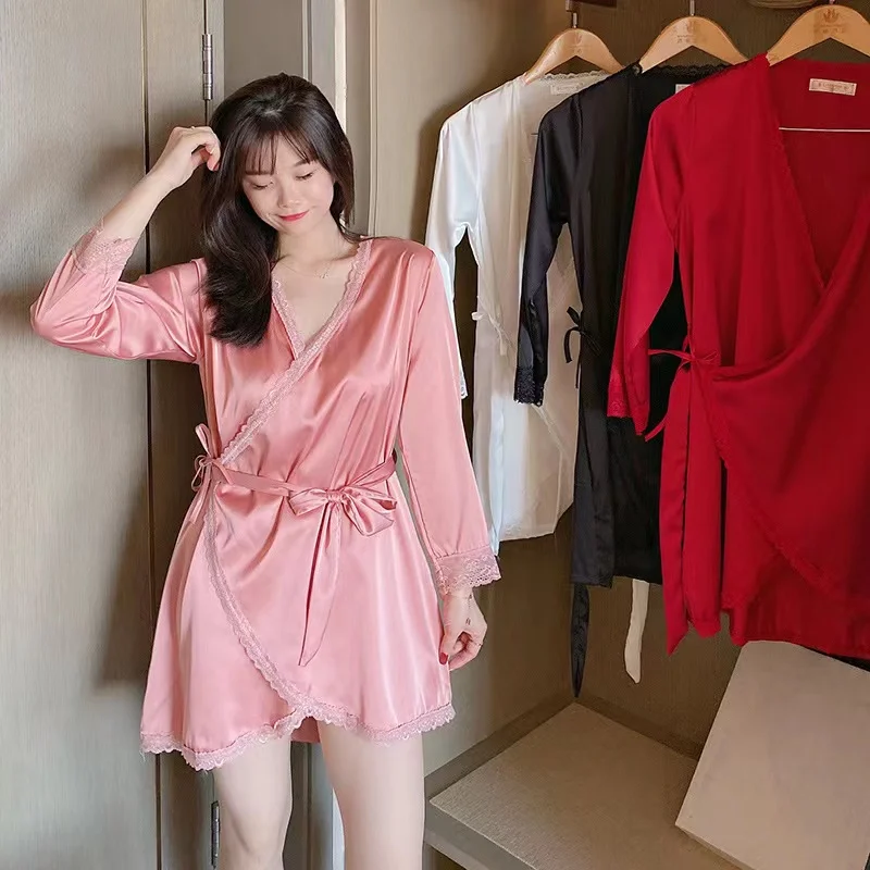 Spring And Summer New Long-Sleeved Stretch Satin Nightgown Lace Comfortable Home Clothes Women