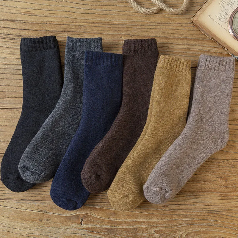 Winter Thick Warm Men's Wool Socks Solid Color Casual Plus Velvet Cold-proof Cashmere Snow Mens Socks 5 Pair
