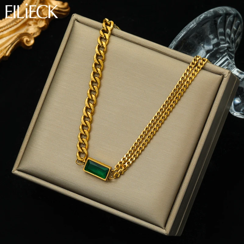 

EILIECK 316L Stainless Steel Green Crystal Pendant Necklace For Women New Punk Link Chain Non-fading Jewelry Lady Gift Party