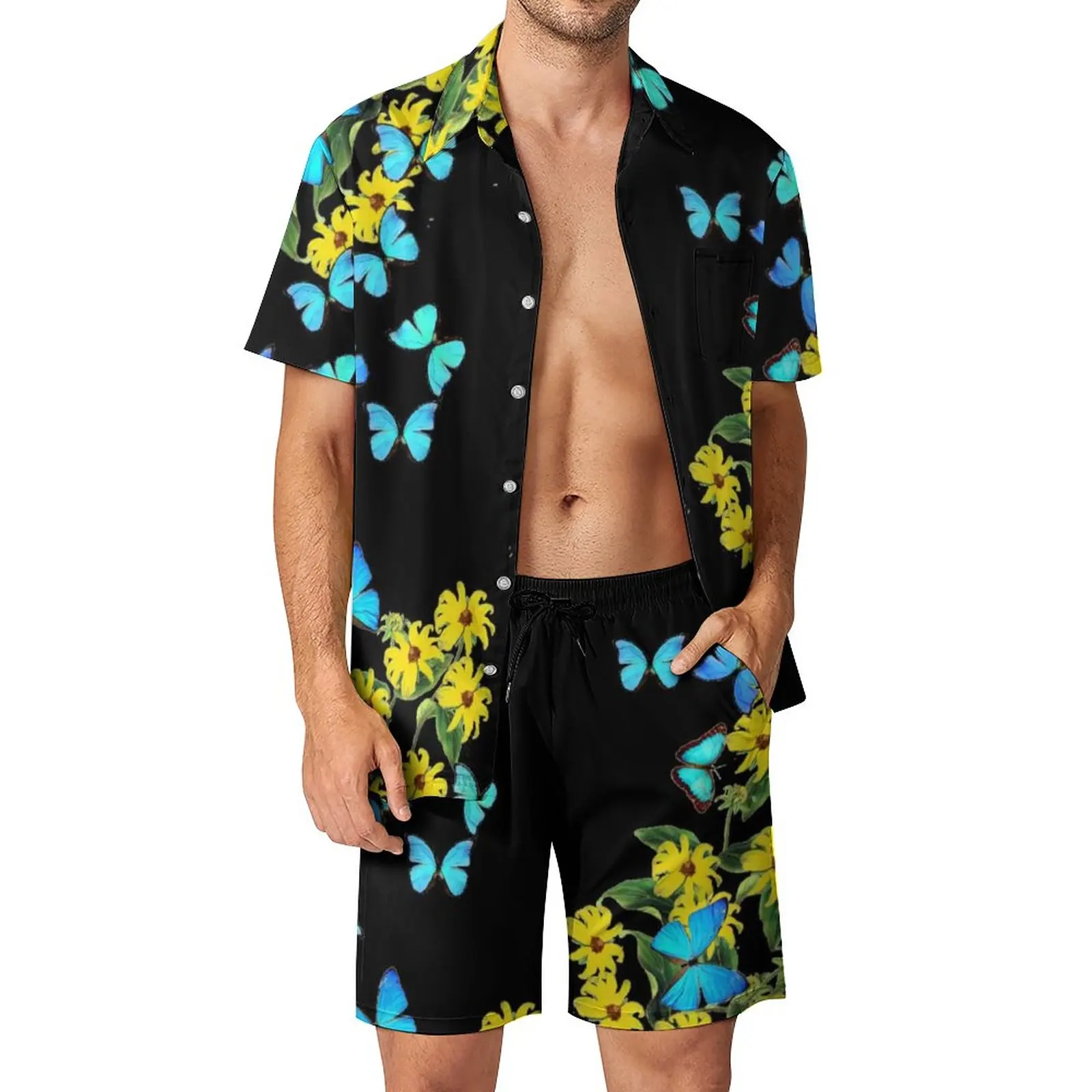 

Morpho Butterfly Floral Men Sets Butterflies Vintage Fashion Casual Shirt Set Short Sleeve Print Shorts Summer Vacation Suit