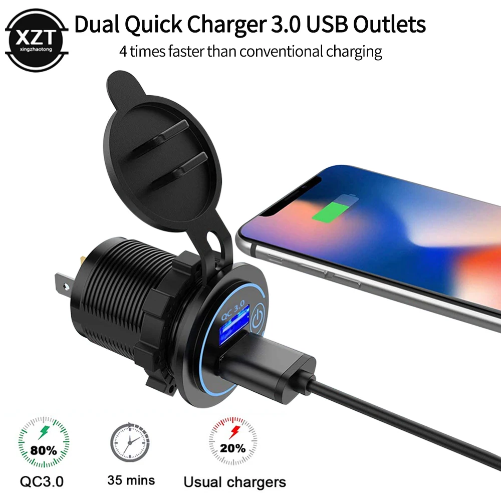 

Quick Charge 3.0 36W Dual USB Car Charger Socket Waterproof 12V/24V QC3.0 USB Fast Charger Socket Power Outlet With Touch Switch