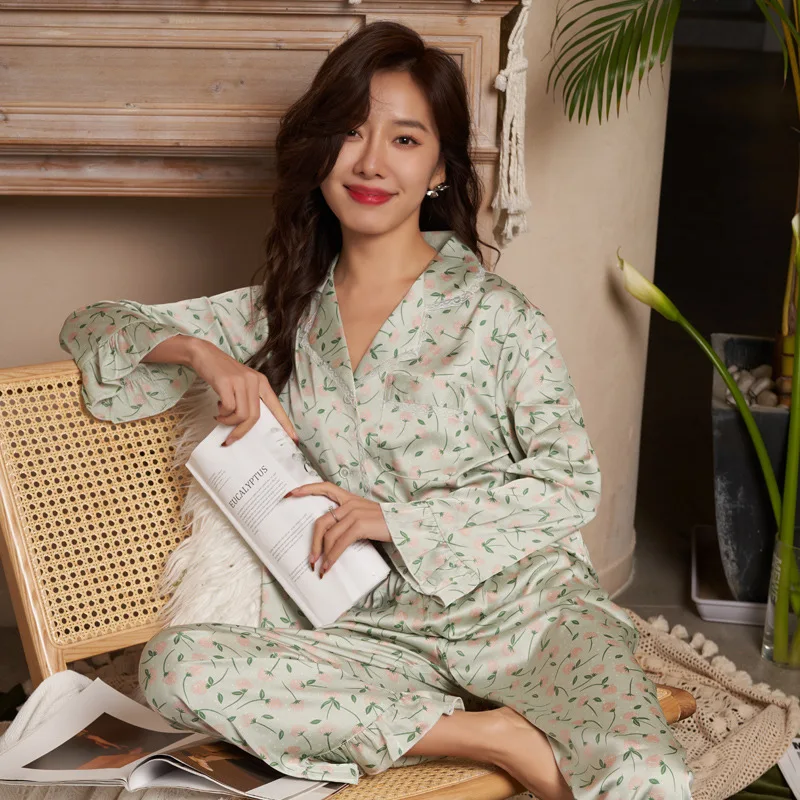 Women's 2 Piece Pajamas Sets Frilled Floral Pijama Ice Silk Female Pyjama Sleepwear Long Sleeve Shirt Pants Homewear Loungewear
