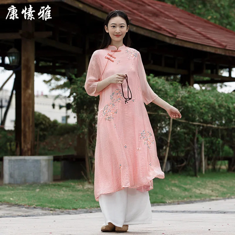 

Cotton Linen Embroidery Women Martial Arts Kungfu Tai Chi Uniforms Loose Shirt+pant Jogger Casual Meditation Workout Outfit Set