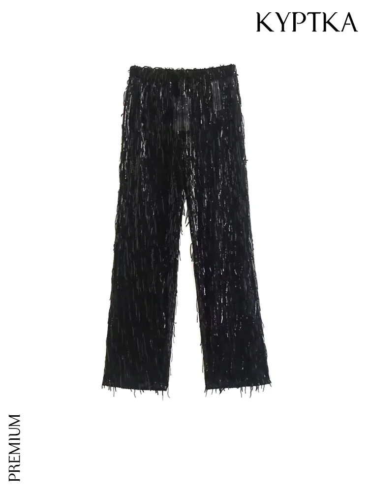 

KYPTKA Women Fashion Sequin Fringed Straight Pants Vintage High Waist With Elastic Waistband Female Trousers Mujer