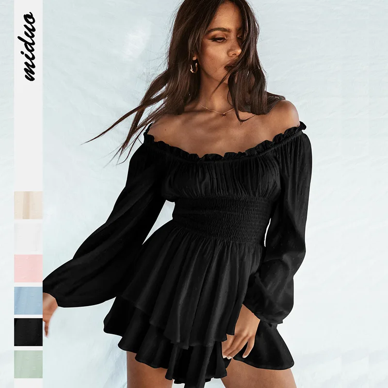 

Europe and America Summer Fashion Trend Jumpsuit Shorts Ruffled Slash Neck Long Sleeve Solid Color Sexy Rompers Playsuit Women