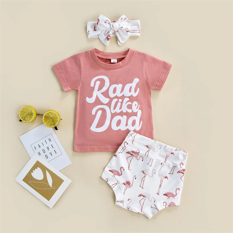 

Baby Girls 3 Piece Set Short Sleeve T-shirt with Flamingo Print Shorts and Bowknot Hairband Summer Outfits for 0-24 Months