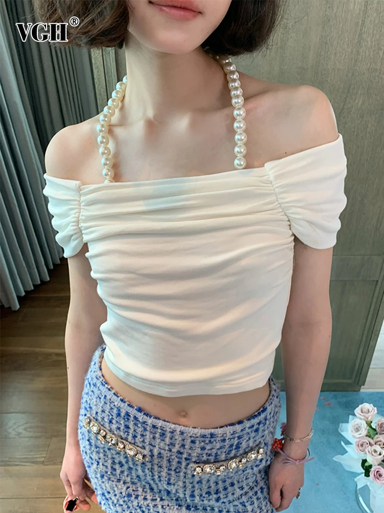 

Женский топ с жемчужными цепочками VGH, однотонный укороченный топ с воротником-халтером без рукавов и с открытыми плечами, летний модный новый