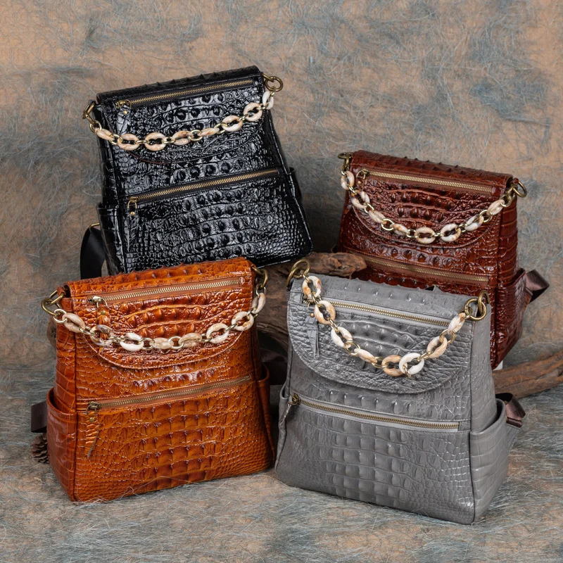 

Genuine Leather Crocodile Pattern Women Backpack Retro Female Travle Large Bag Girls School Bag For Pad Phone