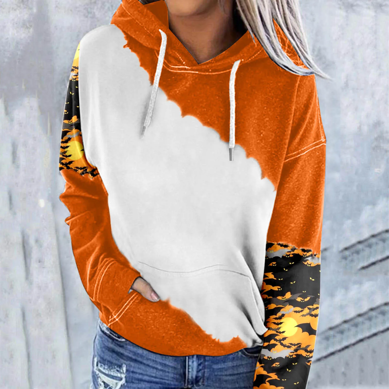 

Women Casual Hoodie Halloween Print Colorblock Sleeve Pocket Drawstring Hoodie Women Zip up Sweatshirts Hoodies Female