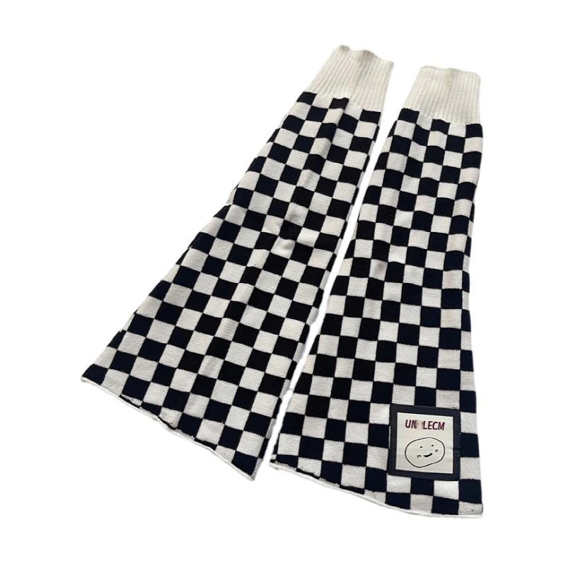 Women Knitting Leg Warmers School Student Cotton Plaid Foot Cover Socks   Middle Tube