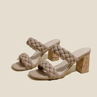 new summer women square toe weave sandals ladies heel mules sexy woman wood grain high heels slippers female fashion shoes