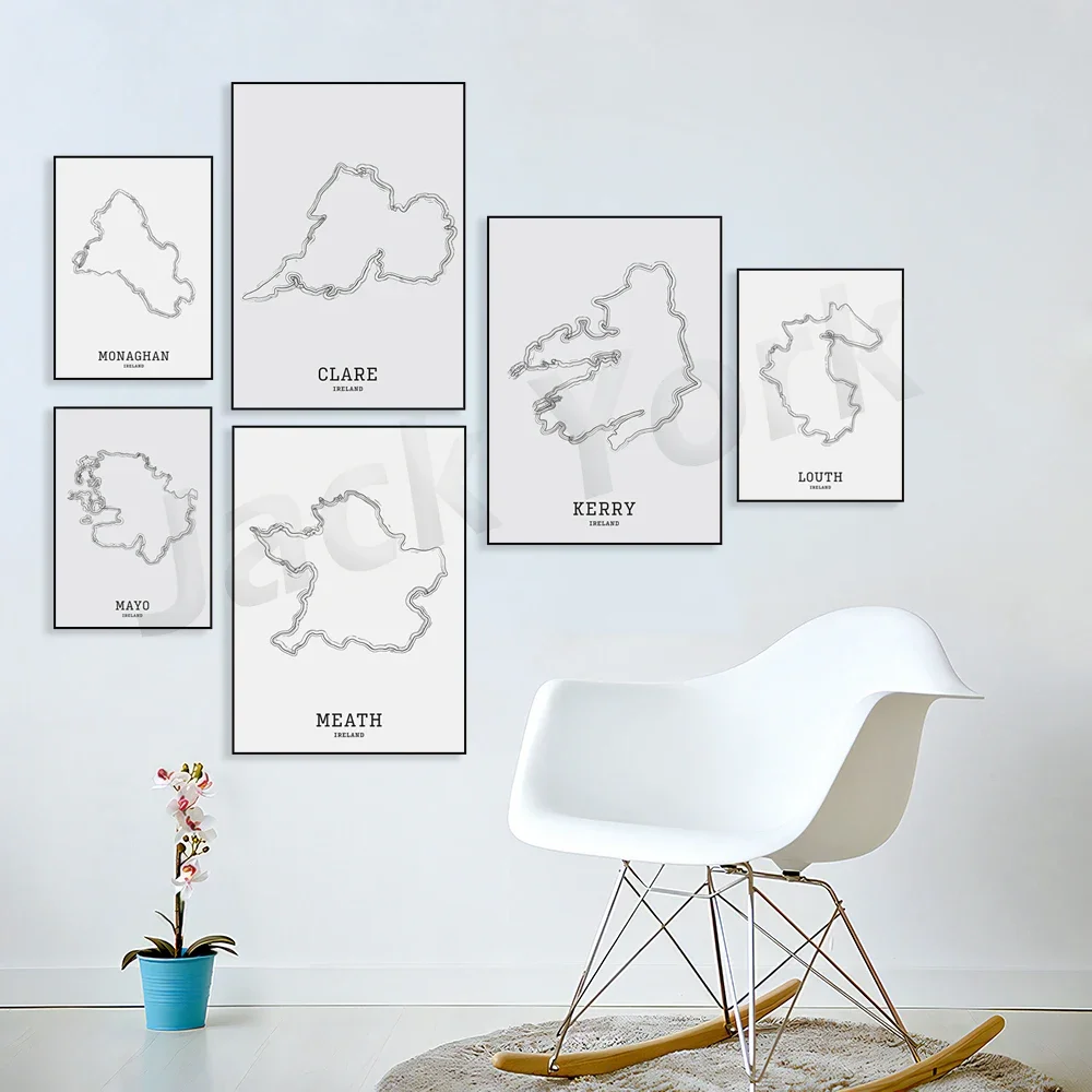 Вниз округа County Derry Cavan Louth Laois Clare Kerry Map | Карта Линейное искусство Печать карты