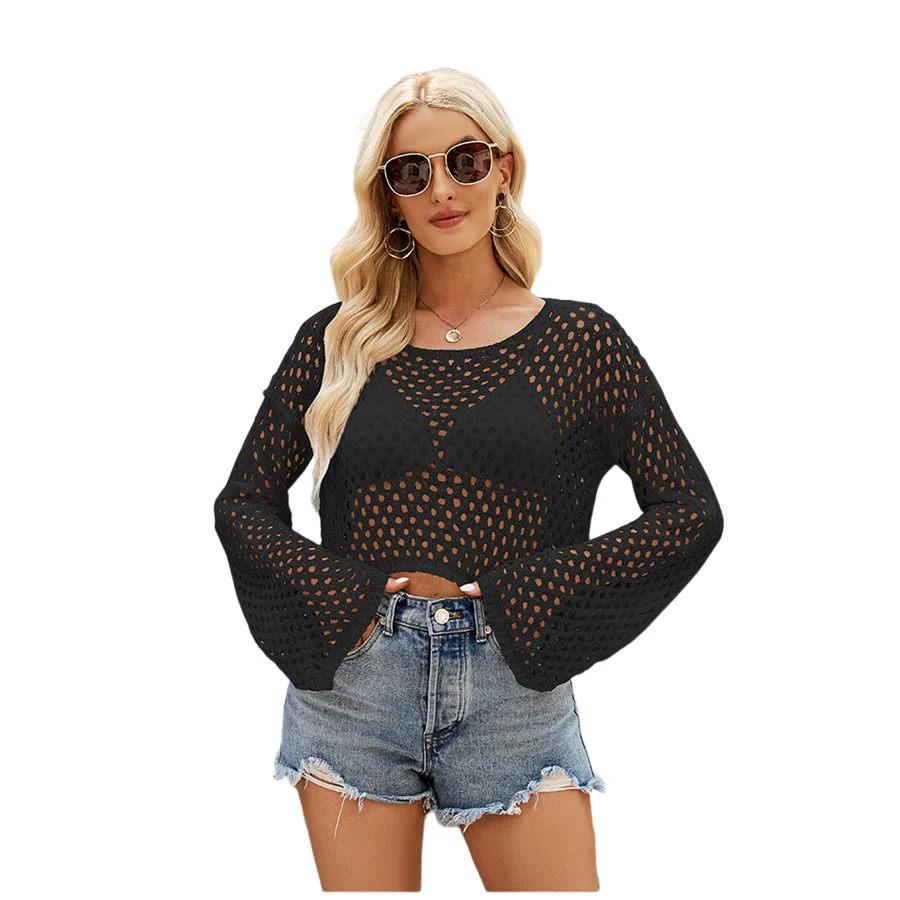 Женский трикотажный сетчатый свитер с дырками свободная тонкая короткая рубашка