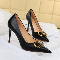 large size womens pumps fashion high heels shallow mouth pointed metal buckle decorative single shoes