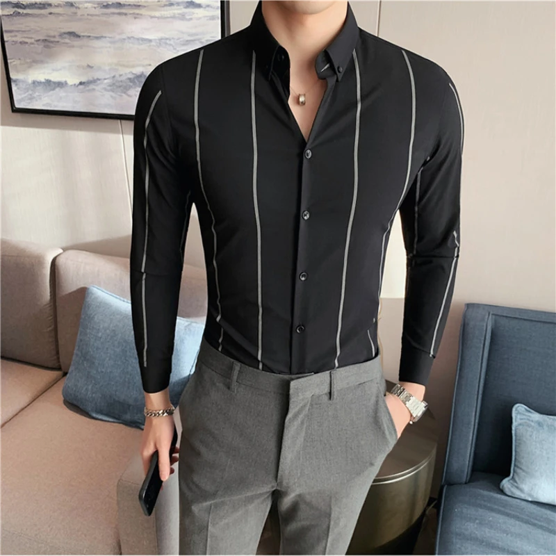 

2022 Striped Shirts Men Long Sleeve Slim Business Casual Dress Shirt Streetwear Social Party Tuxedo Blouse Camisas Para Hombre
