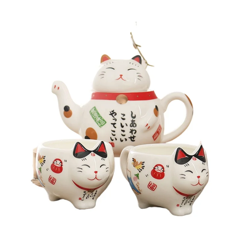 Фото Милый японский фарфоровый чайный сервиз Lucky Cat, креативный керамический чайный сервиз Maneki Neko с ситечком, милый чайник с котом Plutus, кружка №1