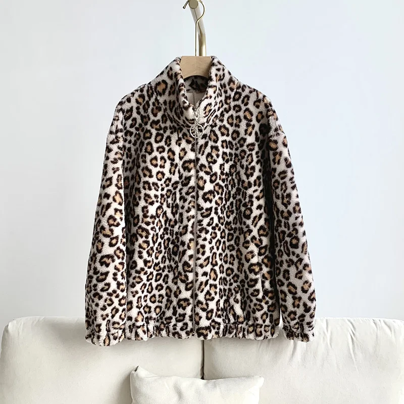 genuine Luxury brand 2023 Winter Jacket Women Leopard Print Stand Collar Real Coat Natural Weave Wool Fur Thick Warm Loose Outer