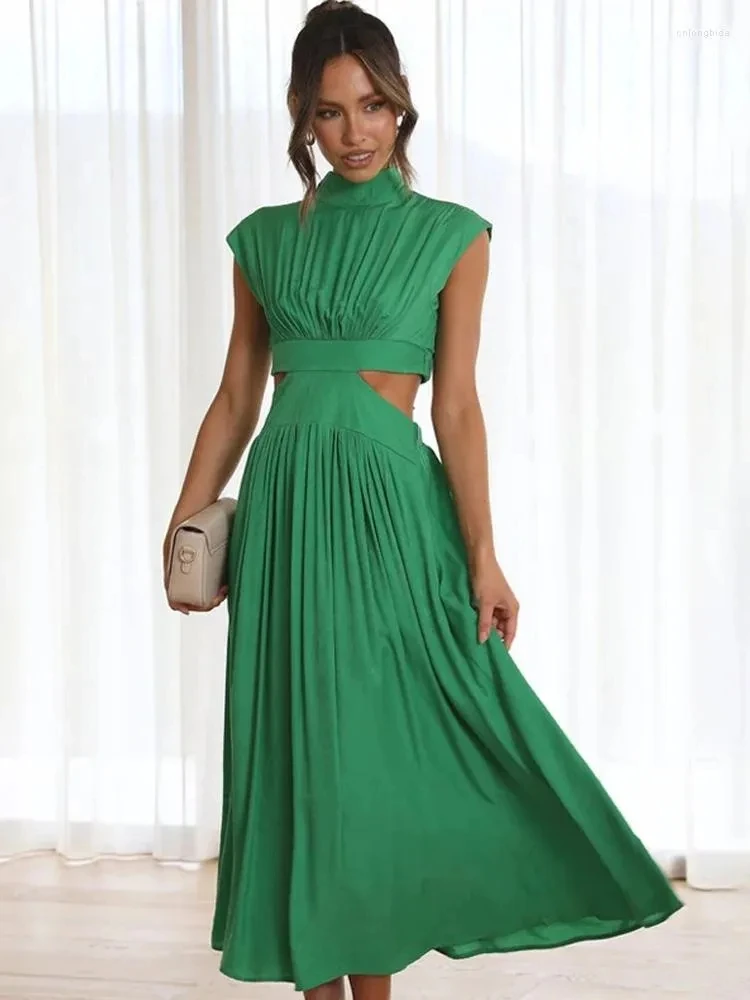 

Casual Dresses Solid High Waist Hollow Out For Women Summer Sleeveless Cut Dress Fashion Elegant Clothes Vacation