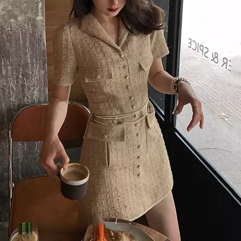 High Quality Vintage Tweed Suit Dress Summer New Elegant Pearl Clasp Sweet Short Sleeves Chic Office Lady Mini Dress for Women