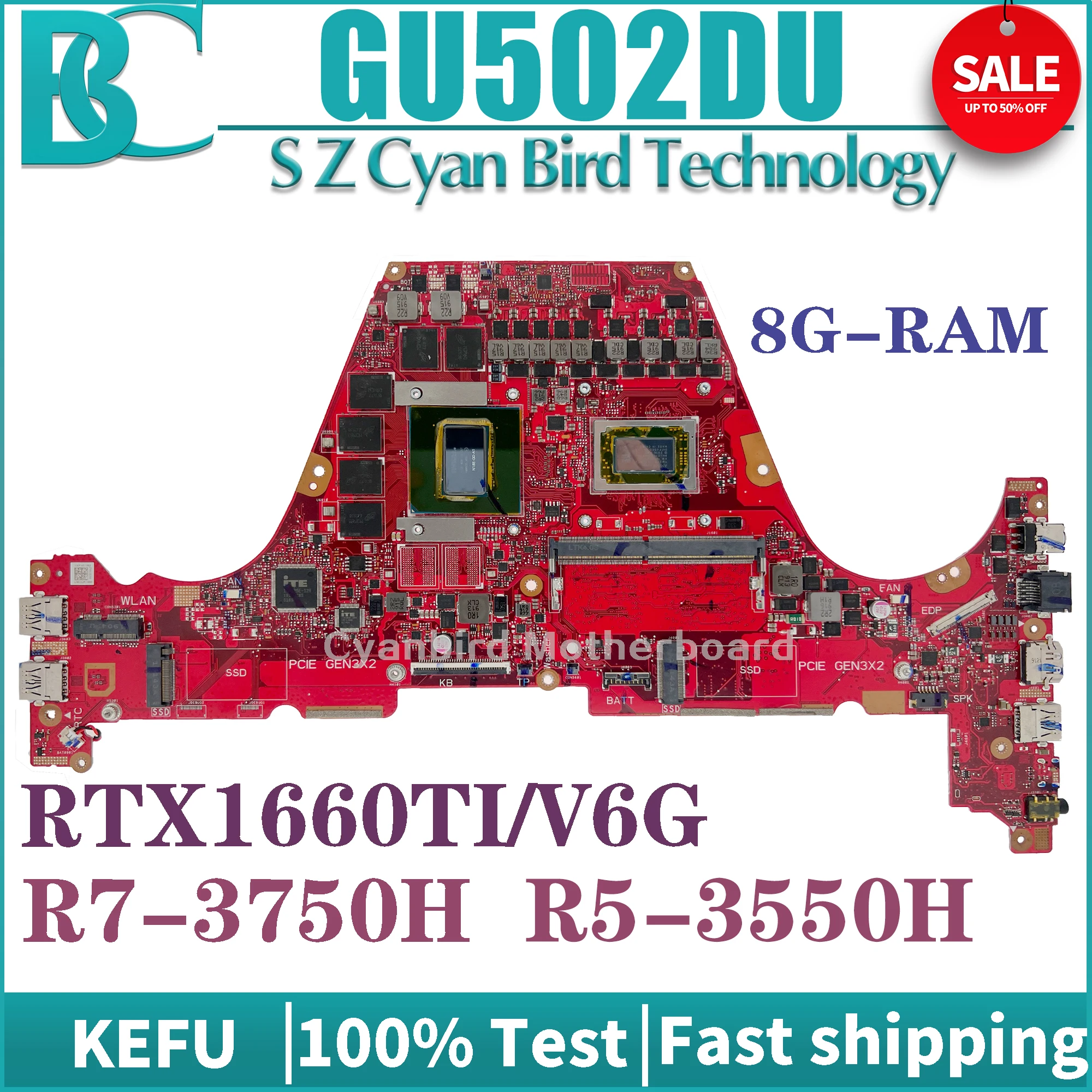 

KEFU GU502DU Motherboard For ASUS GU502D GU502 GA502 GA502DU Laptop Mainboard RAM-8G R5-3550H R7-3750H GTX1660TI/6G 100% Test OK