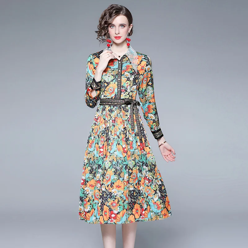 

2022 Summer Pleated Lace Dresses Women New Polo Collar Floral Print High Waist Long Sleeves Dress Office Lady Vestido Feminino