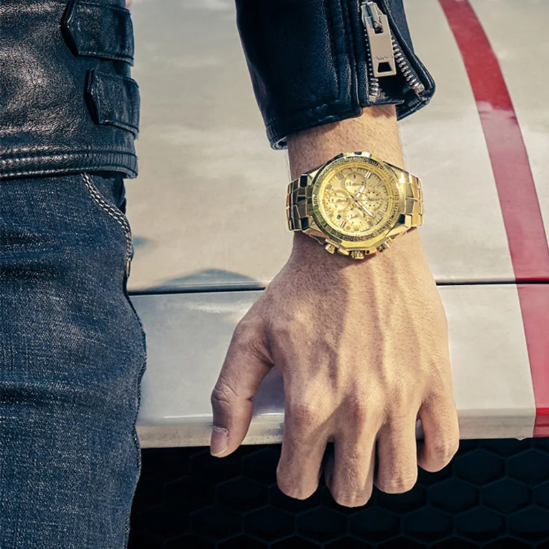 Luxury Wrist Watches For Men Gold Big Golden Male Chronograph Wristwatch Man 6