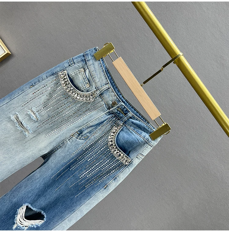 High Waist Ripped Wide-Leg Jeans Female 2023 Spring and Summer New Thin Loose Diamond-Embedded Trousers Baggy Jeans Women