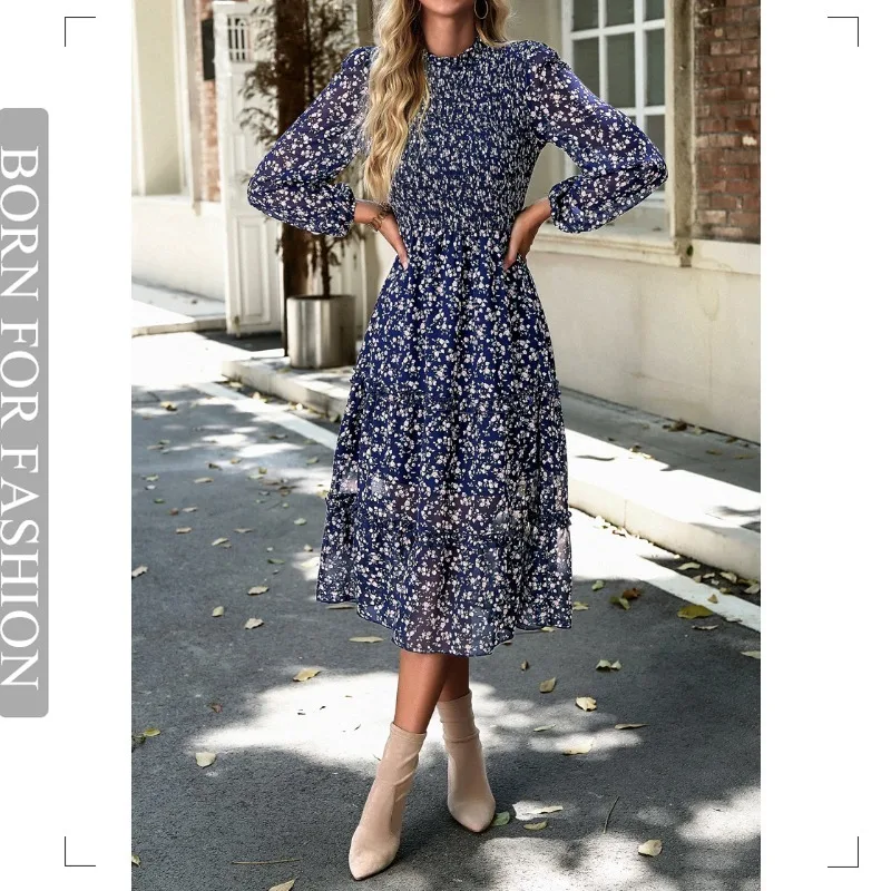 

2023 Autumn Vacation Casual Floral Wood Ear Edge Dress Chiffon Plant Flower Print Bubble Sleeves High Waist Dresses Elegant