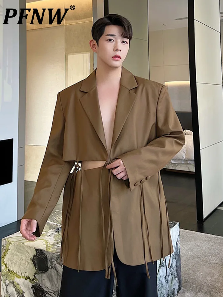 

PFNW Splied Design Hollow Out Blazer Men's Sexy Casual Loose Jacket Autumn New Bandage Solid Tassel Korean Style Suit Coat Male
