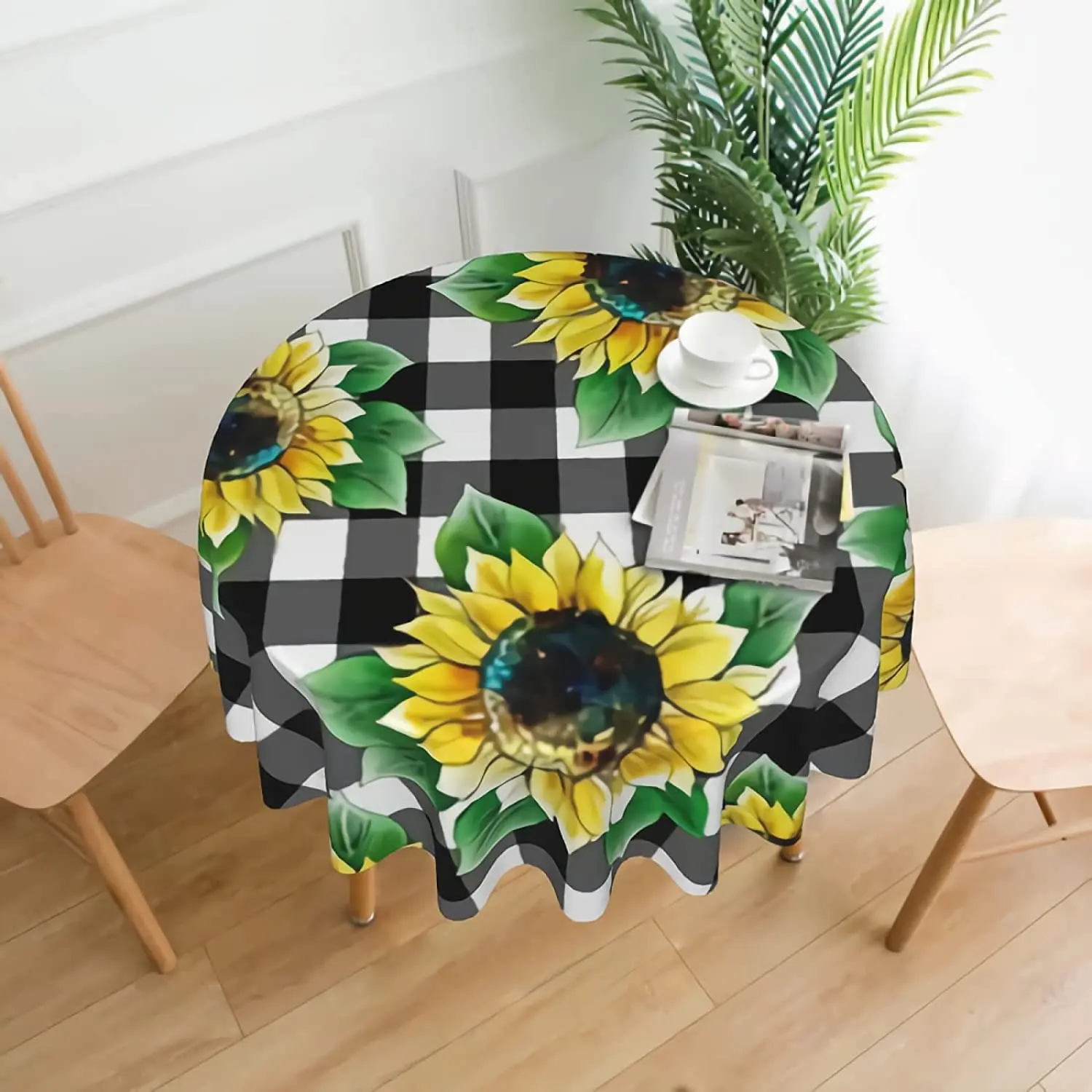 

Sunflowers Round Tablecloth Farmhouse Black and White Check Plaid Table Cloth 60 Inch Round Table Cloth with Polyester Fabric