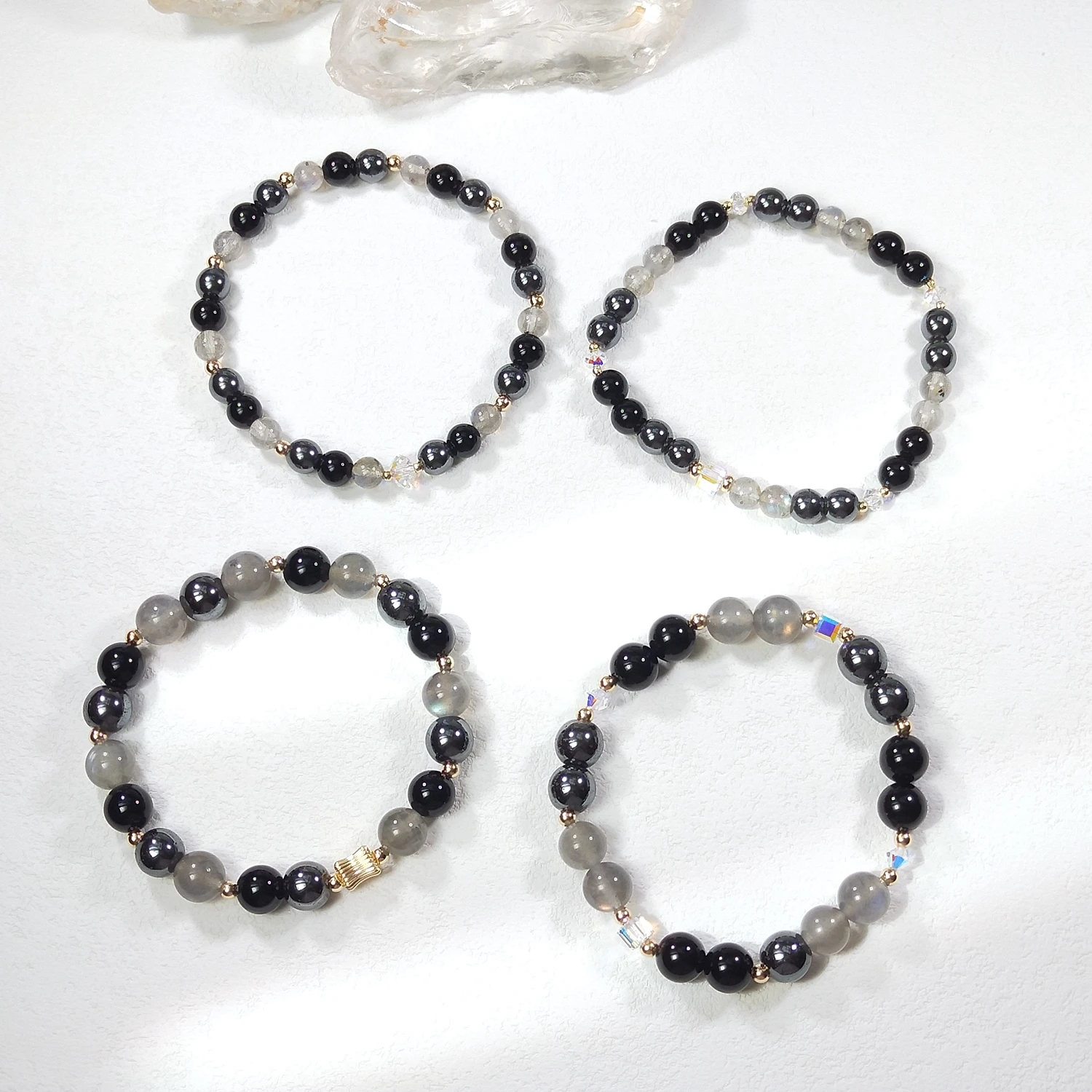 

Lii Ji Natural Stone Hematite Black Agate Labradorite 6/8mm With Crystal American 14K Gold Filled Elastic Bracelet