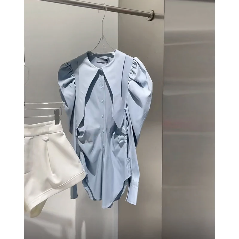 

SuperAen Retro Niche Design 2023 Spring Summer New Pointy Collar Bubble Sleeve Blue Shirt Women Tops