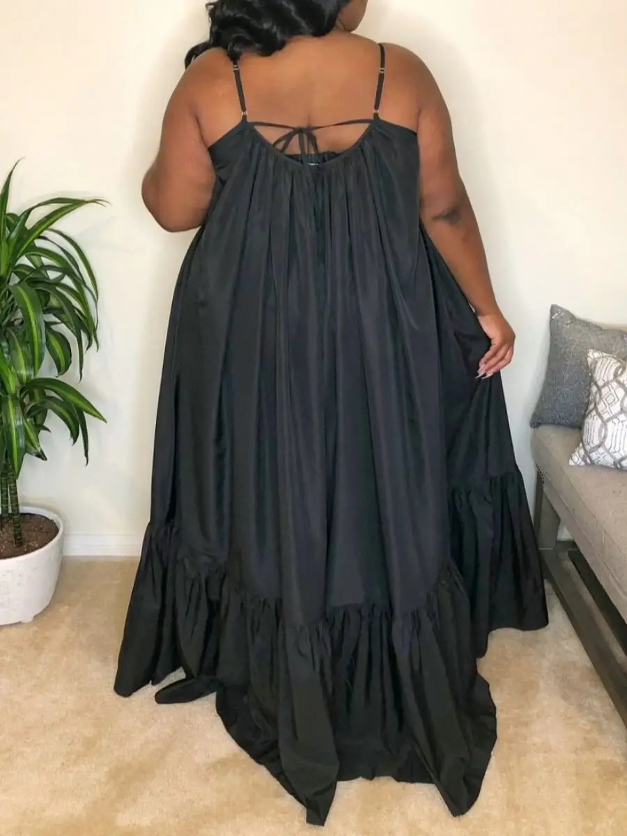 LW Plus Size summer Dresses Casual Pocket Fold Design Loose Black Floor Length A Line Dress Spaghetti Strap sexy summer skirt