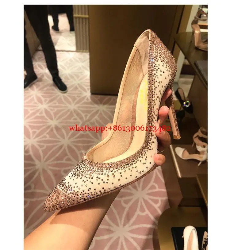

New Sexy Lace Rhinestone High Heels Black Mesh Crystal Women's Shoes
