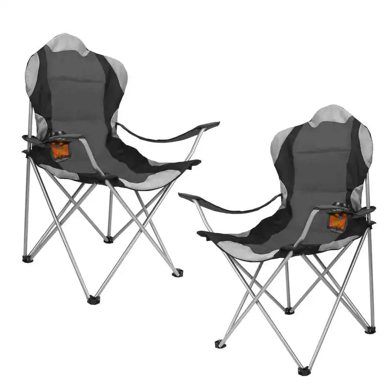 

[2Pack] Oversized Folding Camping Chair, Heavy Duty Padded Chairs with Cup Holder Supports 330 lbs for Adult,Grey