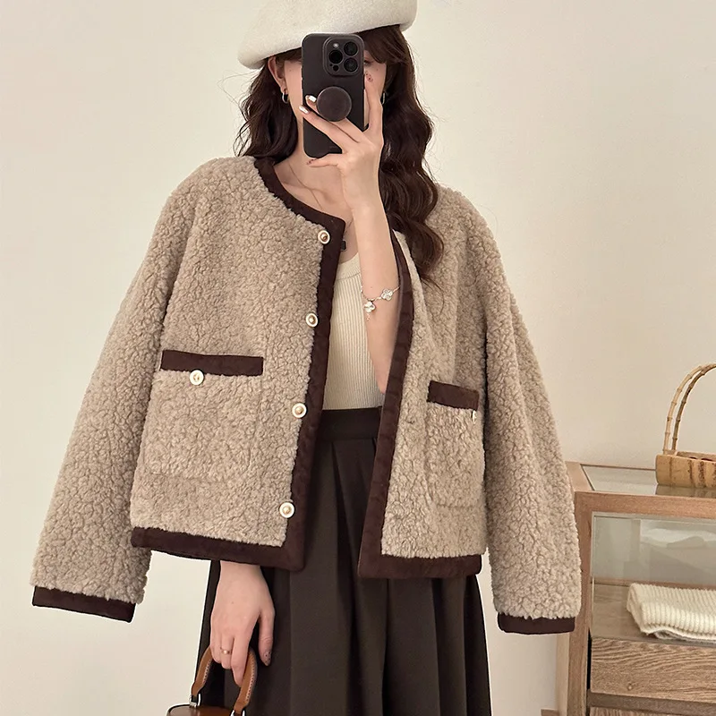 

[Original] Contrast Color Small Fragrant Wind Lamb Hair Short Coat Women's Winter Loose Coffee Color Imitation Fur Integrated