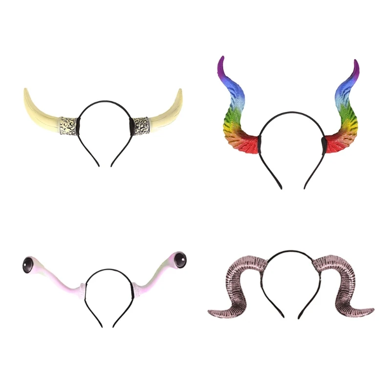

28GD Gothic Ox Horn Headdress Devil Alien Headband Halloween Christmas Costume