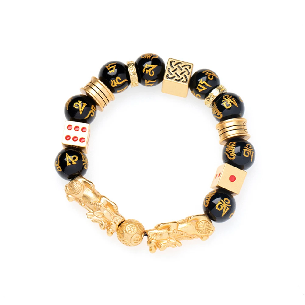 

Amulet Bead Bracelet With Double Gold Plated Brass Pi Xiu/Pi Yao Natural Obsidian Lucky Wealthy Amulet Bracelet