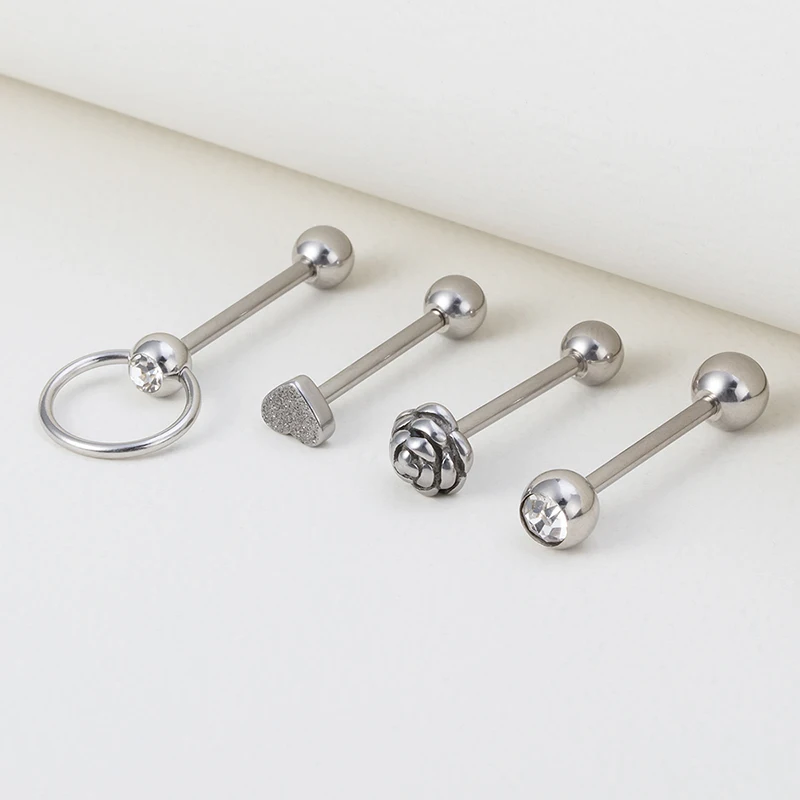 

1-4Pcs Tongue Ring Flower Heart Tongue Piercing Barbell Stainless Steel Bar Cartilage Helix Stud for Women Sexy Body Jewelry 14G